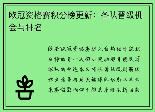 欧冠资格赛积分榜更新：各队晋级机会与排名